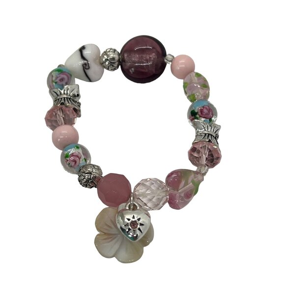 Handcrafted Lampwork Glass Beads Stretch Bracelet Silver Tone Floral Charms - Picture 1 of 5
